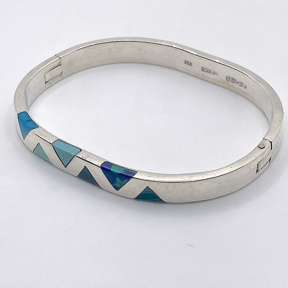 Taxco Sterling Turquoise Malachite Lapis Calcite Rounded Square Bangle 7”C / 2”D